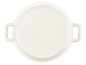 Witte gietijzeren braadpan met twee handvatten.