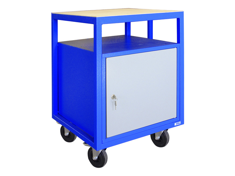 Een blauwe werktafel met een lade en een werkblad, op wielen