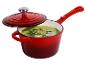 Rode gietijzeren steelpan met deksel en groene soep erin