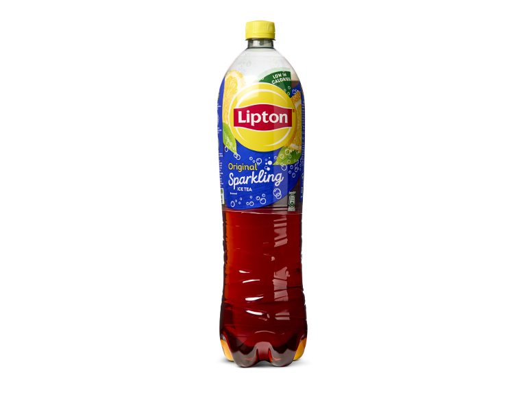 Fles bruisende ijsthee met citroensmaak, laag in calorieën.