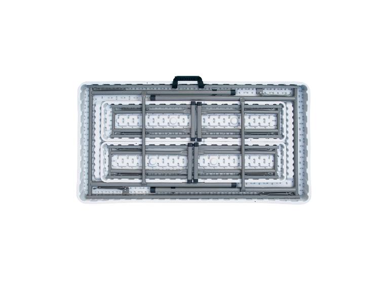 Opvouwbare witte tafel met metalen frame, opgevouwen voor gemakkelijk transport