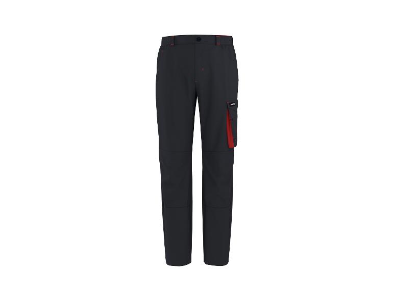 Donkere werkbroek met rode details en cargozakken.