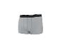 Grijze boxershort met zwarte elastische tailleband en een witte lijn.