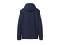 Een donkerblauwe windjack met capuchon.