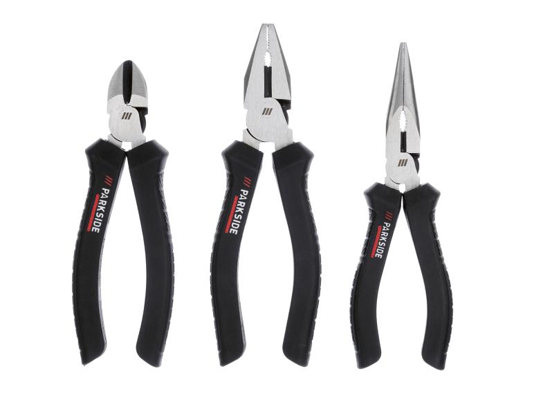 Drie Parkside tangen: een kniptang, een tang met platte bek en een tang met ronde bek.