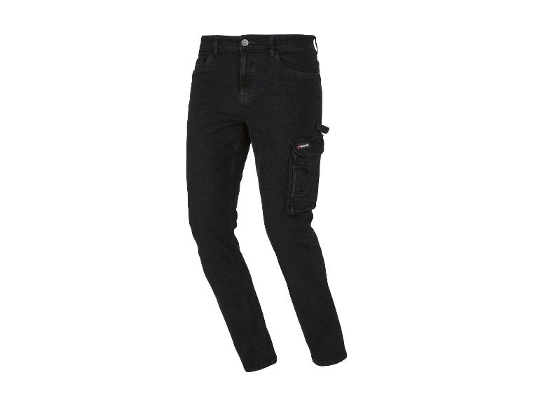 Zwarte denim cargobroek met zijzakken en een Parkside-logo.