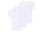 Drie witte T-shirts met korte mouwen en ronde hals, diagonaal gestapeld.