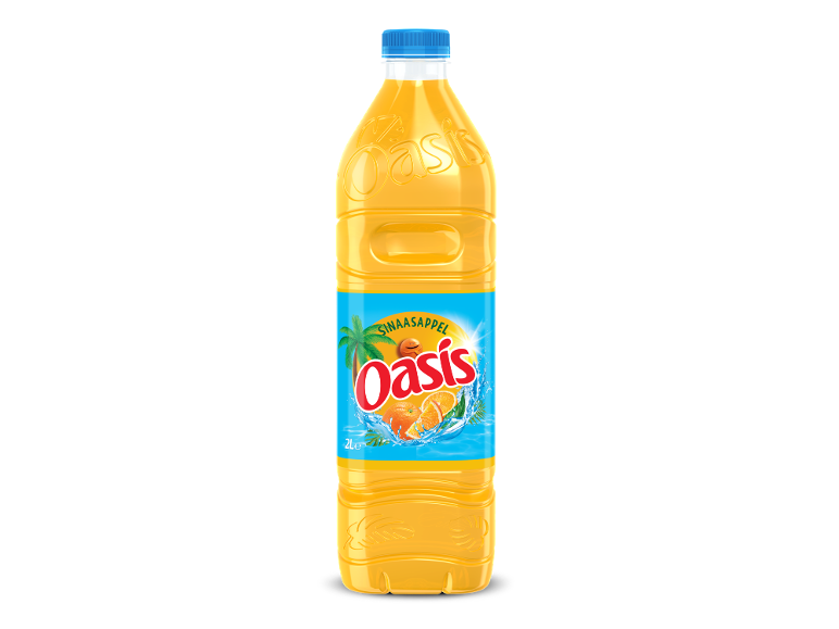 Een 2-liter fles sinaasappelvruchtendrank met een blauwe dop en etiket.