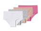 Drie onderbroeken, wit, grijs en roze met stippen.