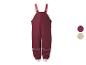 Bordeauxrode kinderregenbroek met roze bretels en reflecterende details.