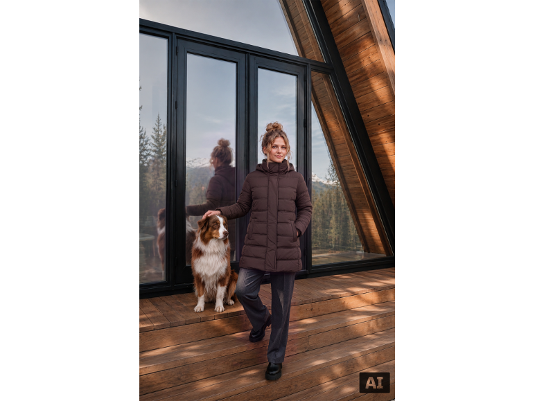 Vrouw in bruine jas en broek met hond voor een houten huis.
