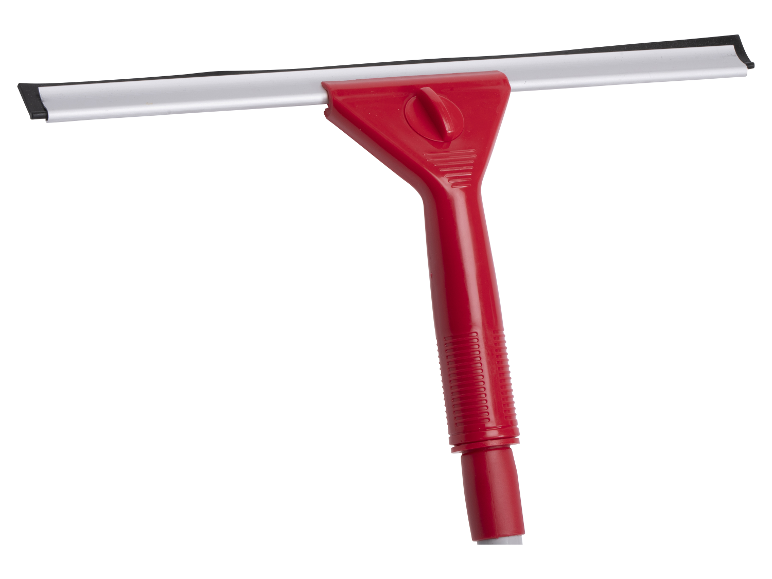 Een rode ruitenwisser met aluminium strip.