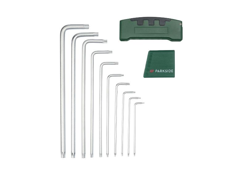 Set zilveren Torx L-sleutels in diverse maten met een donkergroene etui.