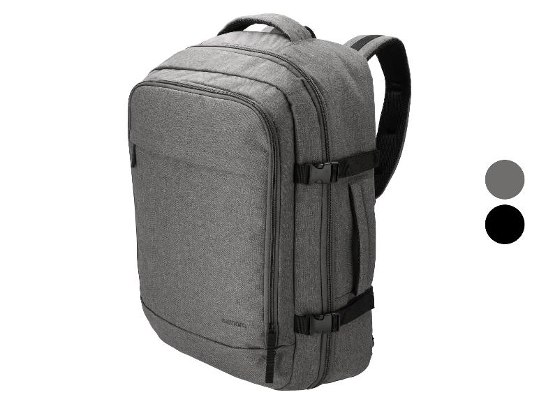 Grijze reisrugzak met gewatteerde schouderbanden en compressiegespen.