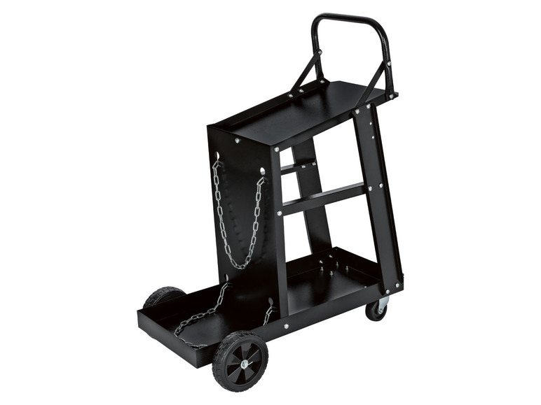 Een zwarte metalen trolley met kettingen voor gasflessen.