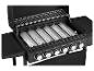 Zwarte gasbarbecue met open deksel, zes branders en zijtafels.