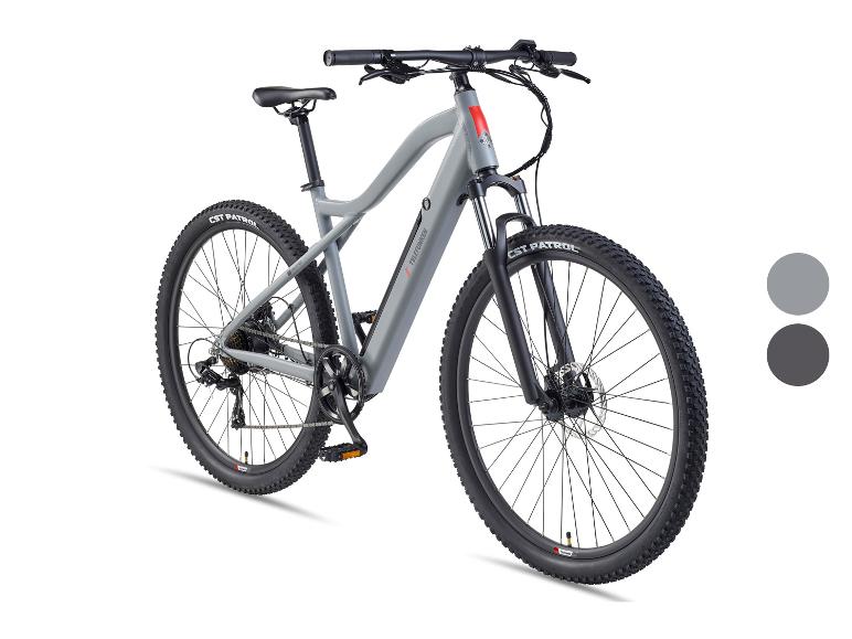 Grijze elektrische mountainbike met zwarte banden en onderdelen, schuin afgebeeld.