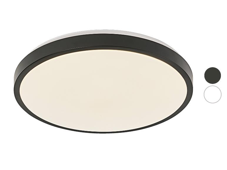 Zwarte ronde plafondlamp met witte diffuser en twee kleuropties.