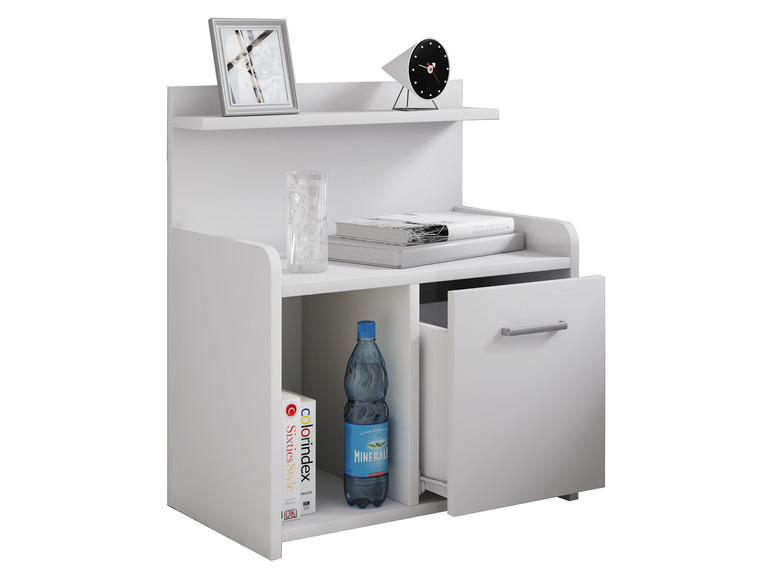 Wit nachtkastje met lade, open vakken en bovenblad.