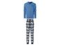 Blauwe en geruite herenpyjama met 'Coffee Club Everyday' motief.