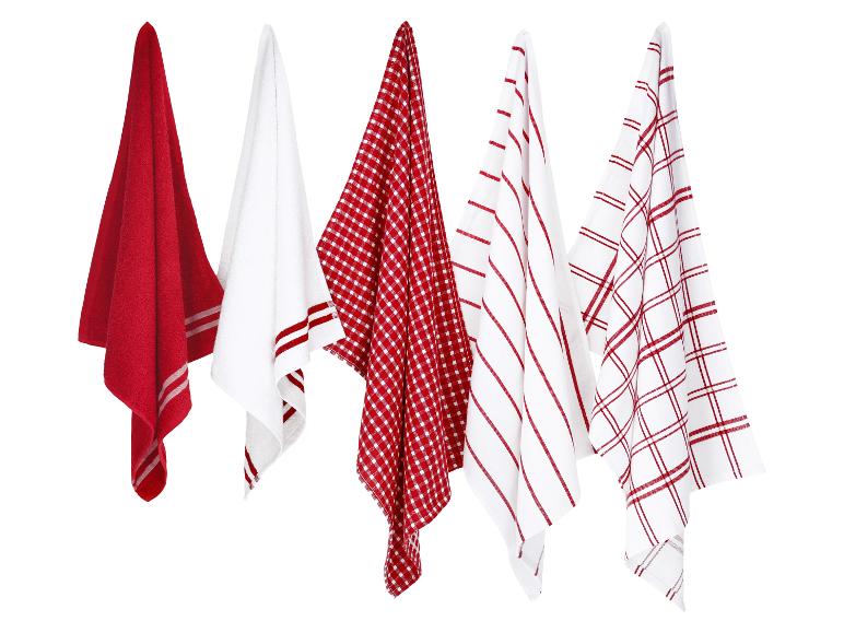 Set van vijf rood-witte theedoeken met ruitjes en strepen.