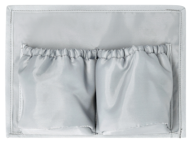 Twee grijze zakjes met trekkoord, in een grijze opbergvak.