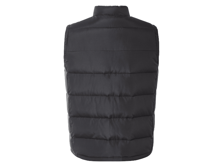 Donkergrijze gewatteerde bodywarmer, van achteren gezien.