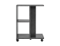 Een grijze, rollende bijzettafel met planken.