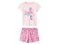 Roze meisjespyjama met T-shirt met korte mouwen en bloemenprint shorts.