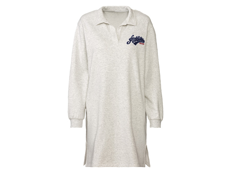 Een grijze sweaterjurk met lange mouwen en een 'Athlete'-logo.