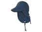 Donkerblauwe kinderzonnehoed met nekbescherming en verstelbaar trekkoord.