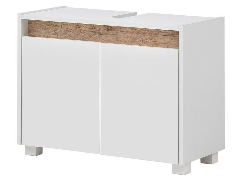 Witte badkamermeubel met houten accenten