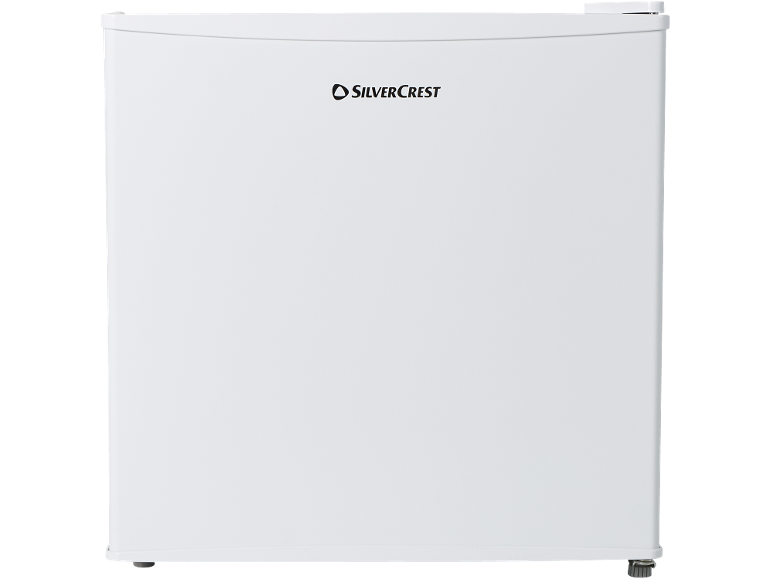 Compacte witte mini-koelkast met logo aan de bovenzijde.