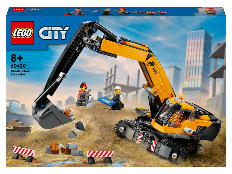 Lego City bouwset met een gele graafmachine en twee minifiguren.