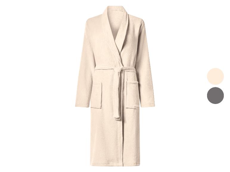 Beige katoenen badjas met ceintuur en zakken, met beige en grijze kleuropties.