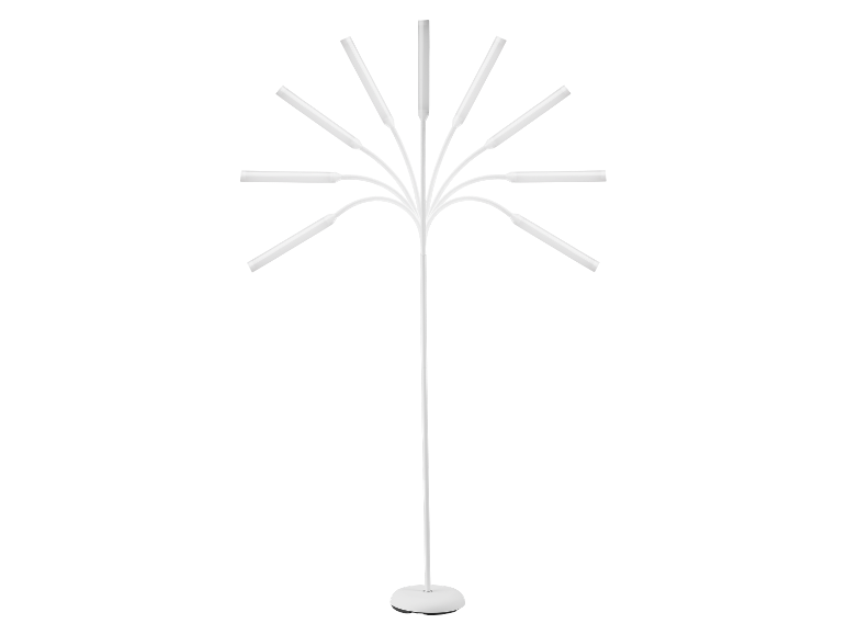 Witte staande lamp met meerdere verstelbare armen.