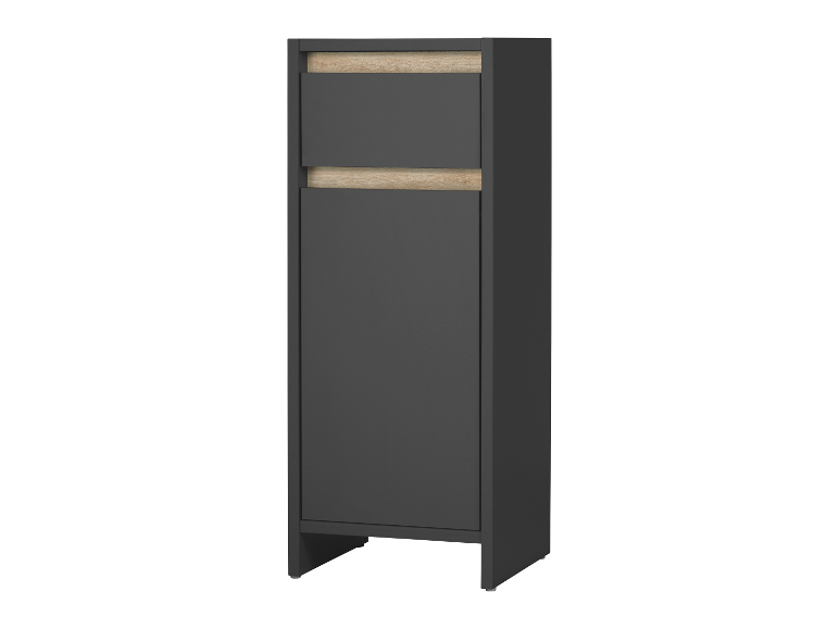 Een smal donkergrijs opbergkastje met een klein lade en een deur.