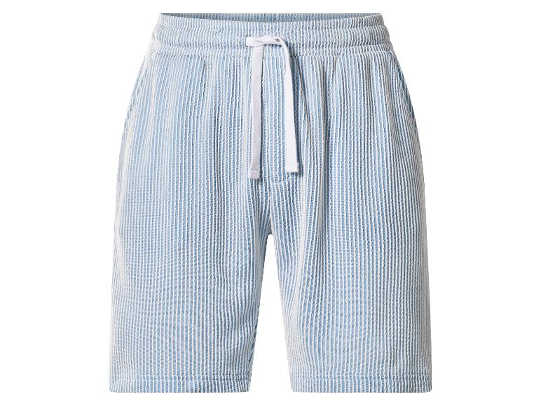 Heren blauw-wit gestreepte seersucker shorts met wit trekkoord