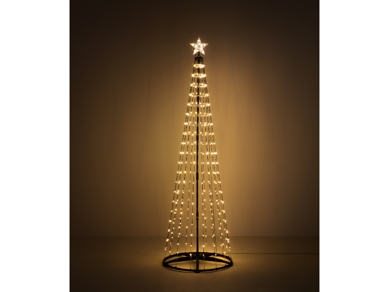 Conische kerstboom met warmwitte LED-lampjes en een ster als piek.