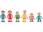 Set houten familiefiguren: papa, mama, opa, oma, meisje en jongen.