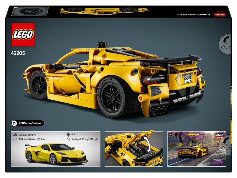 LEGO Technic 42205 Corvette modeldoos met autodetails en gamescreenshot.