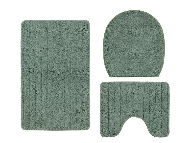 Een badmat set met een rechthoekige mat, een ronde mat en een mat met een U-vorm.