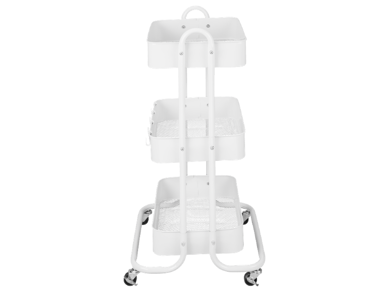 Witte drielaagse trolley met wielen en handvat, geperforeerde planken en zijhaken.