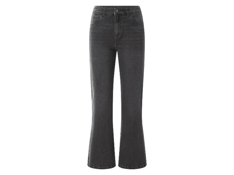 Donkergrijze damesjeans met wijde pijpen.