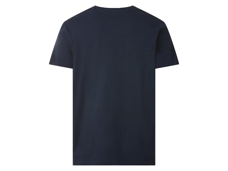 Achteraanzicht van een effen donkerblauw T-shirt met korte mouwen.
