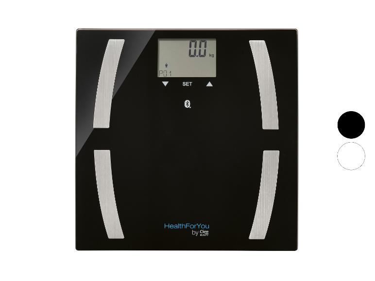 Zwarte slimme personenweegschaal met digitaal display en zilveren accenten, merk HealthForYou by Cien Beauty.