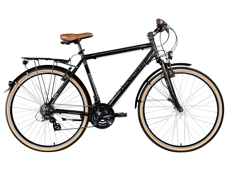 Een zwarte Zündapp fiets met beige banden en een bagagedrager.