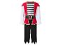 Kinderpiratenkostuum met rood vest, gestreept shirt en zwarte broek.