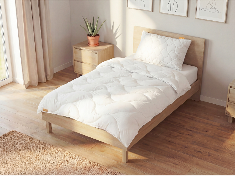 Wit gewatteerd dekbed en kussen op een houten bed in een lichte slaapkamer.