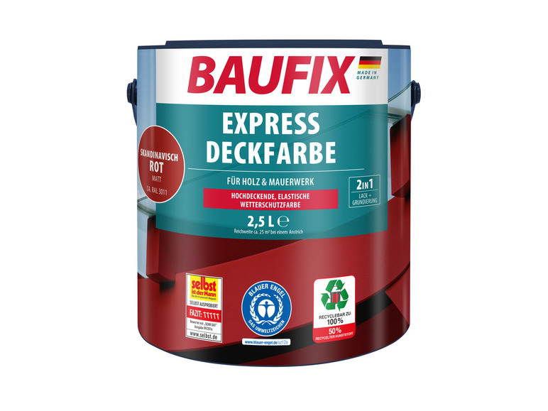 Baufix Express Dekkverf in de kleur Scandinavisch rood, 2,5 liter, geschikt voor hout en metselwerk.